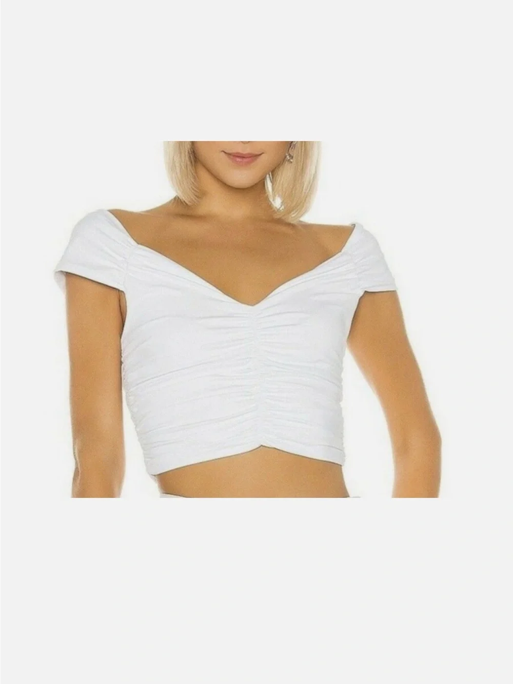 David Lerner White Ruched Off Shoulder Crop Top XS